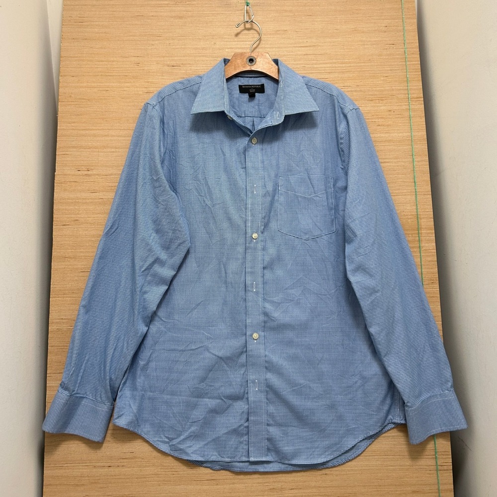 Banana Republic Mens Non Iron Slim Fit Blue Micro Houndstooth Dress Shirt L 16.5